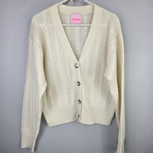 Crush Womens Cashmere Cream Ivory Cable Knit Soft Luxury Cardigan Sweater Top SM